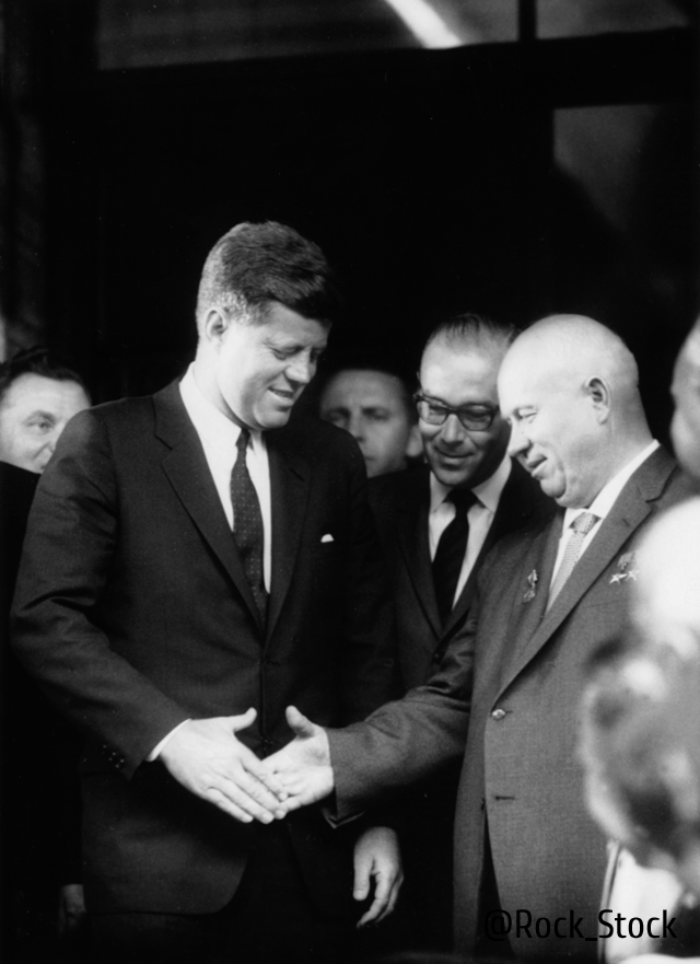06/00/1961. During the Vienna summit in Austria, John Fitzgerald KENNEDY, United States president, meets with USSR Premier and Council head Nikita KHRUSHCHEV during the height of the Cold War. The two men shake hands June 3, 1961 in front of the United States Embassy. (photo credit: Gamma-Keystone via Getty Images)